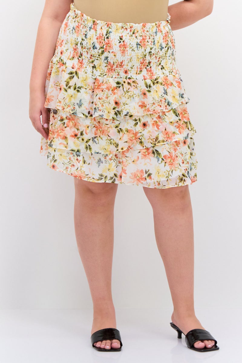 1 State Women Plus Size Floral Print Mini Skirts, Orange Combo - Image 1